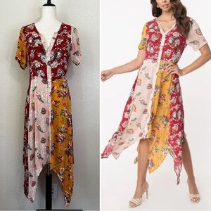 Oddi Boho Mixed Floral Button Down Handkerchief Midi Dress, Sz Small